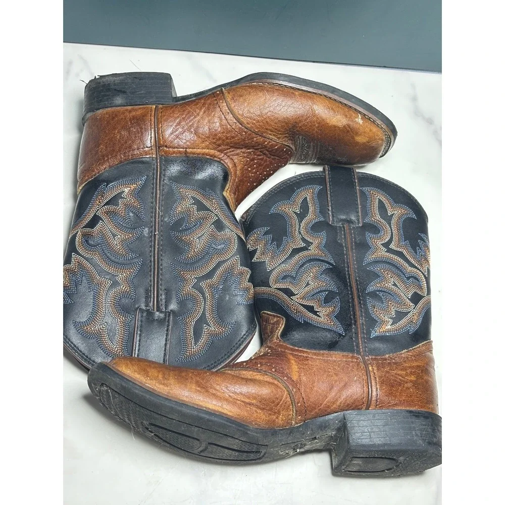 Justin Boots Kids 2D Brown Black Leather Square Toe Western Cowboy Boots 7010Y